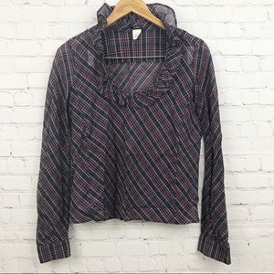 J Crew Ruffle Neck Blue Plaid Shirt 2